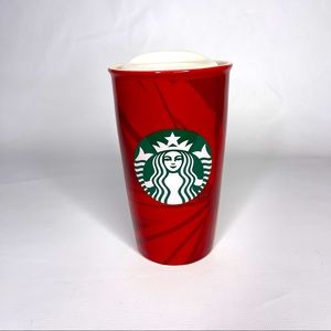 Starbucks Red Ceramic Travel Mug Tumbler Coffee Cup 2014 Red Green Used 6 Inches
